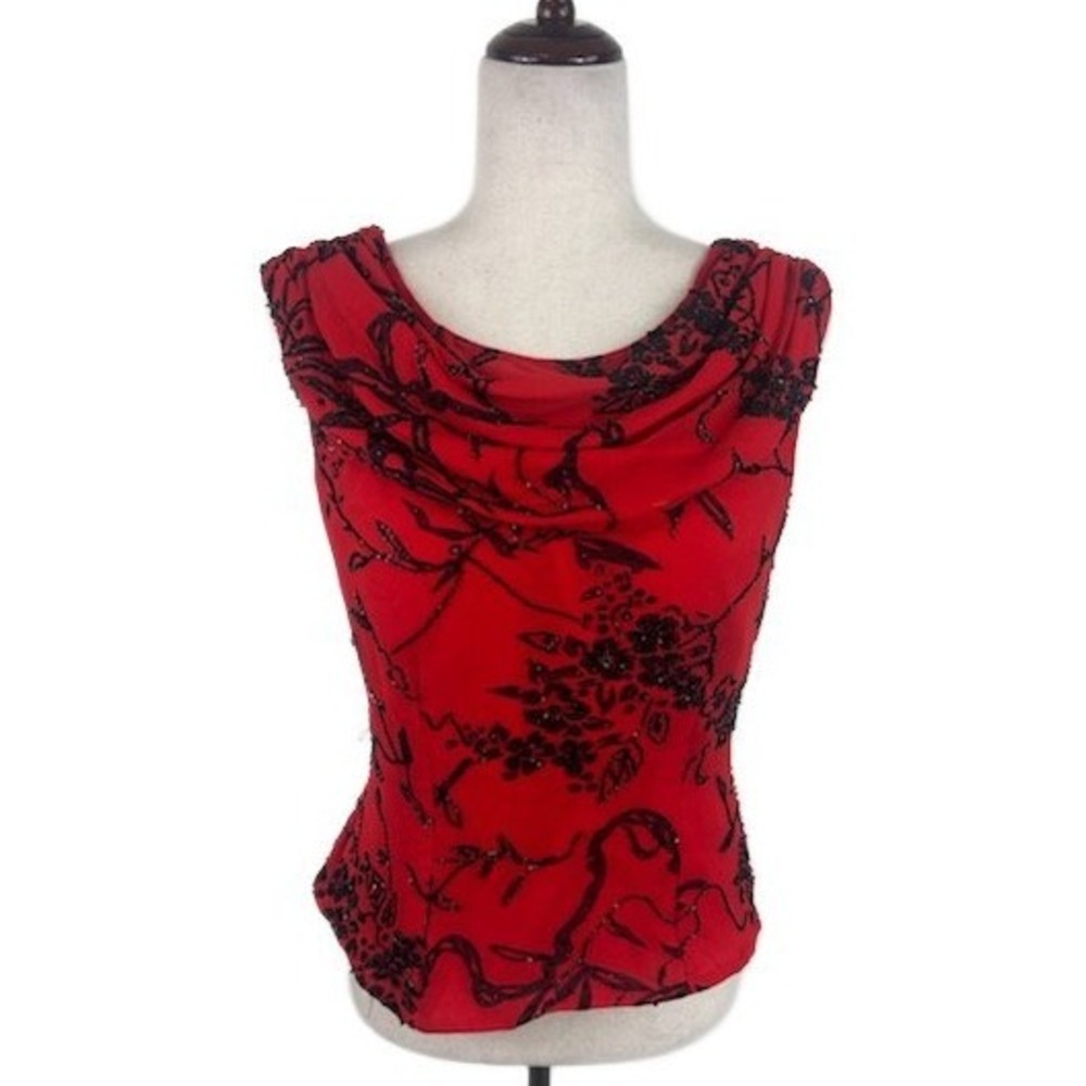 Vintage Andretta Donatello‎ Red Black Silk Beaded Drape Top Blouse Size Large